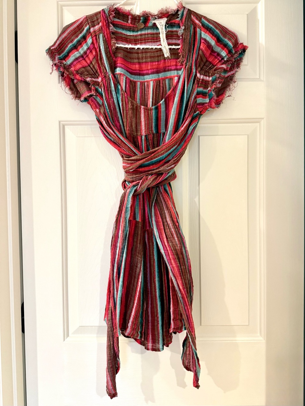 Free People Striped Cotton Gauze Tie-Front Dress in Red, Pink, Turquoise & Brown